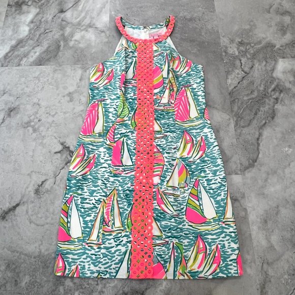 Lilly Pulitzer Sasha Mini Dress Pop Up Ugotta Regatta Sailboat Size 2 Blue Pink - Picture 1 of 5